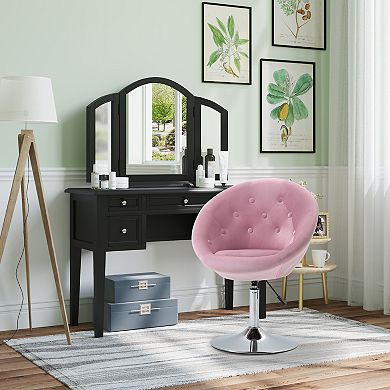 HOMCOM Modern Makeup Vanity Chair Round Tufted Swivel Accent Chair with Chrome Frame Height Adjustable for Living Room Bedroom Pink
