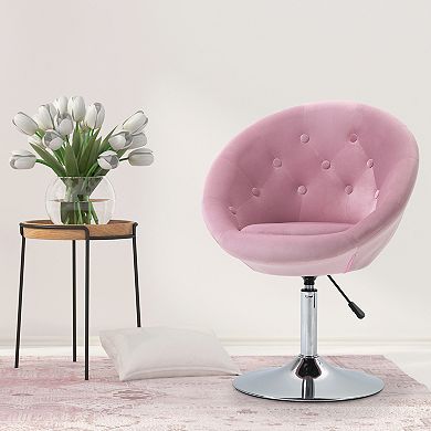 HOMCOM Modern Makeup Vanity Chair Round Tufted Swivel Accent Chair with Chrome Frame Height Adjustable for Living Room Bedroom Pink