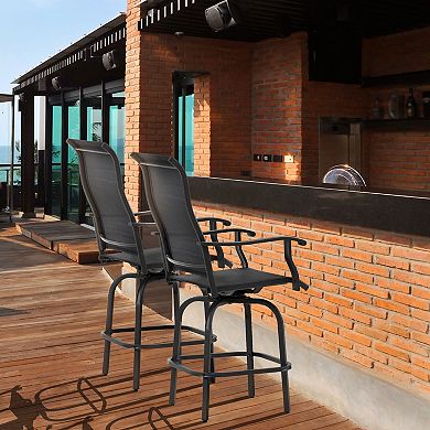 Set Of 2 Bar Height Swivel Patio Armchairs W/ Footrest Backyard Deck Pool Brown