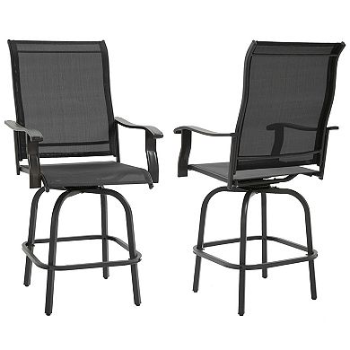 Set Of 2 Bar Height Swivel Patio Armchairs W/ Footrest Backyard Deck Pool Brown