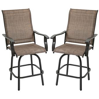 Set Of 2 Bar Height Swivel Patio Armchairs W/ Footrest Backyard Deck Pool Brown