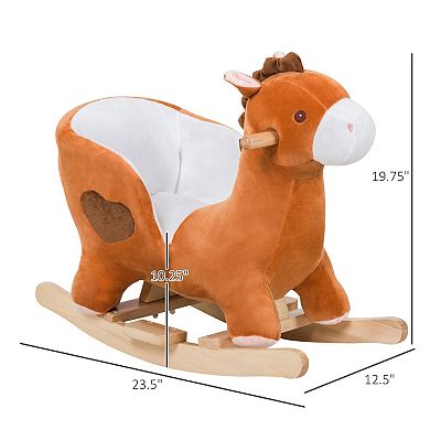 Qaba Kids Ride On Rocking Horse Plush Animal Toy Sturdy Wooden Rocker with Songs for Boys or Girls