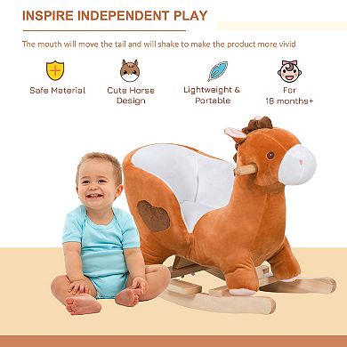 Qaba Kids Ride On Rocking Horse Plush Animal Toy Sturdy Wooden Rocker with Songs for Boys or Girls