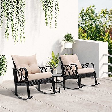 3-piece Outdoor Pe Rattan Wicker Patio Rocking Chairs & Side Table, Khaki