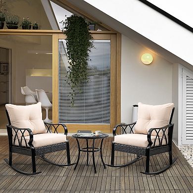 3-piece Outdoor Pe Rattan Wicker Patio Rocking Chairs & Side Table, Khaki