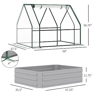 Outsunny Raised Garden Bed with Greenhouse Steel Outdoor Planter Box with Plastic Cover Roll Up Window Dual Use for Flowers Vegetables Fruits and Herbs 50"x37"x36.25" Green