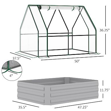 Outsunny Raised Garden Bed with Greenhouse, Steel Outdoor Planter Box with Plastic Cover, Roll Up Window, Dual Use for Flowers, Vegetables, Fruits and Herbs, 50"x37.5"x36", Clear