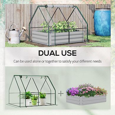 Outsunny Raised Garden Bed with Greenhouse, Steel Outdoor Planter Box with Plastic Cover, Roll Up Window, Dual Use for Flowers, Vegetables, Fruits and Herbs, 50"x37.5"x36", Clear