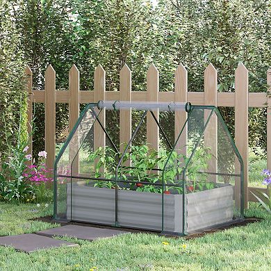 Outsunny Raised Garden Bed with Greenhouse, Steel Outdoor Planter Box with Plastic Cover, Roll Up Window, Dual Use for Flowers, Vegetables, Fruits and Herbs, 50"x37.5"x36", Clear