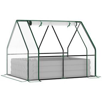 Outsunny Raised Garden Bed with Greenhouse Steel Outdoor Planter Box with Plastic Cover Roll Up Window Dual Use for Flowers Vegetables Fruits and Herbs 50"x37"x36.25" Green