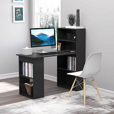 HOMCOM Modern Compact Computer Desk with 6 Tier Storage Shelves Combo Writing Table Workstation with Bookshelf for Home Office Black
