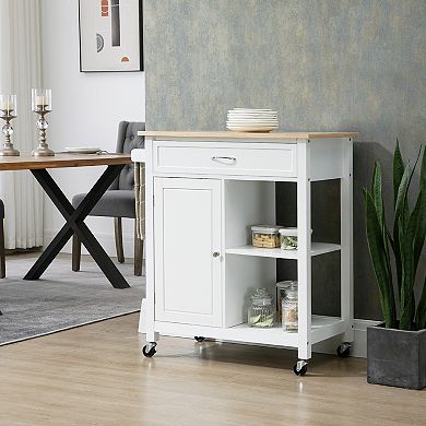 HOMCOM Kitchen Trolley Wood Top Utility Cart on Wheels with Open Shelf and Storage Drawer for Dining Room Kitchen White