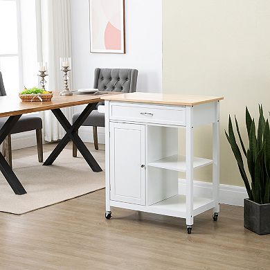 HOMCOM Kitchen Trolley Wood Top Utility Cart on Wheels with Open Shelf and Storage Drawer for Dining Room Kitchen White