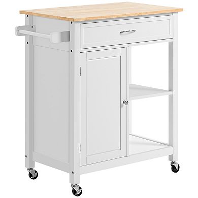 HOMCOM Kitchen Trolley Wood Top Utility Cart on Wheels with Open Shelf and Storage Drawer for Dining Room Kitchen White