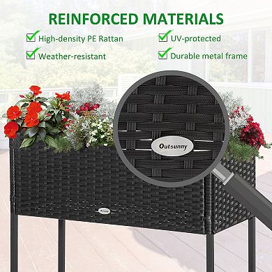 Pe Rattan Outdoor Raised Flower Garden Planter Bed Box W/ Storage Shelf, Black