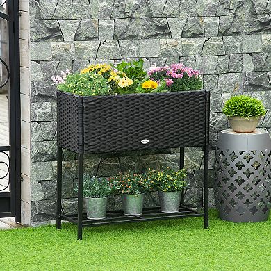 Pe Rattan Outdoor Raised Flower Garden Planter Bed Box W/ Storage Shelf, Black