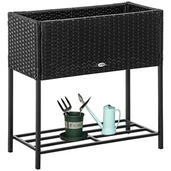 Pe Rattan Outdoor Raised Flower Garden Planter Bed Box W/ Storage Shelf, Black