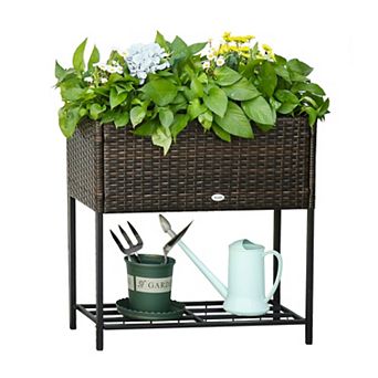 Pe Rattan Outdoor Raised Flower Garden Planter Bed Box W/ Storage Shelf, Black