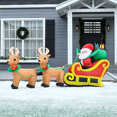 HOMCOM 8ft Long Christmas Inflatable Santa Claus with Sleigh and Reindeer Outdoor Blow Up Yard Decoration with LED Lights Display