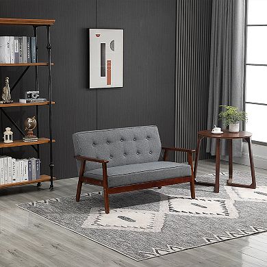 Polyester Double Couch With Button Tufted Cushion Design And Rubberwood Legs