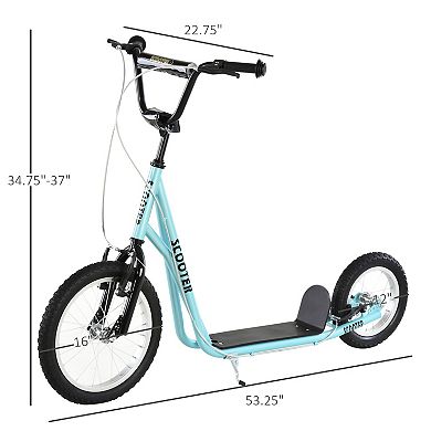 Aosom Teens Youth Kick Scooter Adjustable Handlebar Ride On Toy For 5+ w/ Front and Rear Dual Brakes Inflatable Wheels Blue