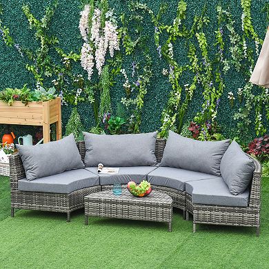 Outsunny 5PC Outdoor Patio Furniture Set Garden Sectional Rattan Wicker Sofa Set Cushioned Half Moon Seat Deck w/ Pillow Grey