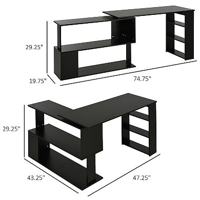 HOMCOM 360 degree Rotating Home Office Desk L Shaped Corner Computer Desk with Storage Shelves Writing Table Workstation Black