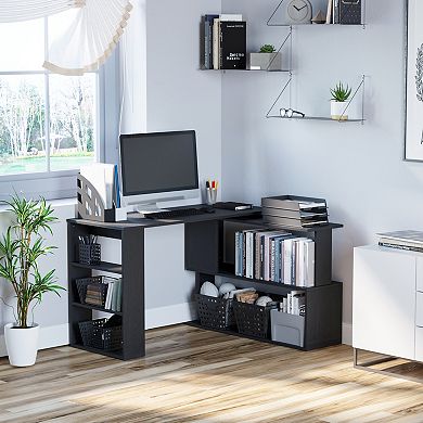 HOMCOM 360 degree Rotating Home Office Desk L Shaped Corner Computer Desk with Storage Shelves Writing Table Workstation Black