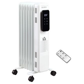 HOMCOM 1500W Oil Filled Portable Radiator Heater with 3 Heat Settings Electric Space Heater with 24H Timer Over heat Protection and Remote Control White