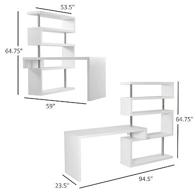 HOMCOM 94" 4 Tier Rotating Versatile L Shaped Computer Desk Writing Table with Display Shelves and Steel Frame White