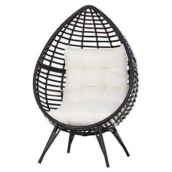 Outdoor Indoor, Teardrop Egg Chair, Cushioned Pe Plastic Rattan Lounger, Brown