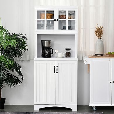 HOMCOM Accent Kitchen Buffet and Hutch Wooden Storage Cabinet with Glass Framed Door and Microwave Space White