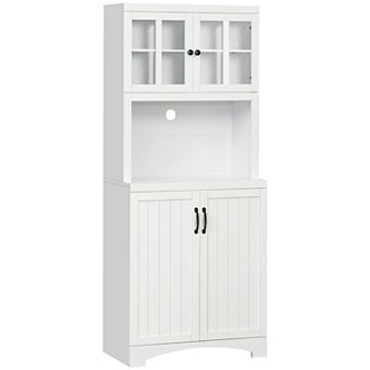 HOMCOM Accent Kitchen Buffet and Hutch Wooden Storage Cabinet with Glass Framed Door and Microwave Space White