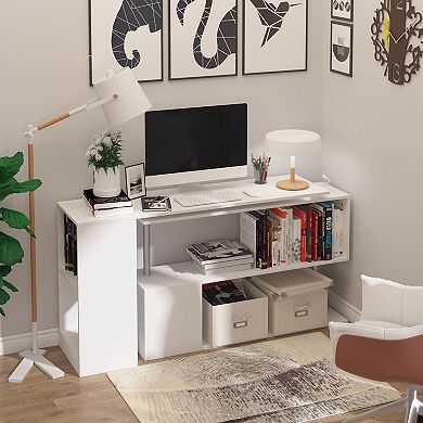 HOMCOM 55" 360 degree Rotating Corner Computer Desk Modern L Shaped Home Office Workstation with 3 Tier Storage Shelves Bookshelf White