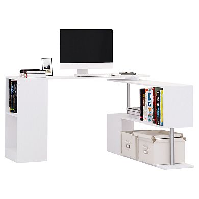 HOMCOM 55" 360 degree Rotating Corner Computer Desk Modern L Shaped Home Office Workstation with 3 Tier Storage Shelves Bookshelf White