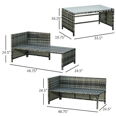 Outsunny 3-Piece Outdoor PE Rattan Wicker Patio Furniture Set, Cushions, Throw Pillows, 1 Chaise Lounge Section, 1 Single-Armed Loveseat, 1 Long Tempered Glass Center Coffee Table, Charcoal