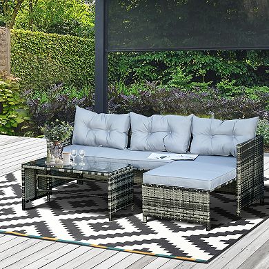Outsunny 3-Piece Outdoor PE Rattan Wicker Patio Furniture Set, Cushions, Throw Pillows, 1 Chaise Lounge Section, 1 Single-Armed Loveseat, 1 Long Tempered Glass Center Coffee Table, Charcoal