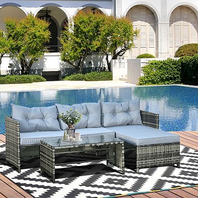 Outsunny 3-Piece Outdoor PE Rattan Wicker Patio Furniture Set, Cushions, Throw Pillows, 1 Chaise Lounge Section, 1 Single-Armed Loveseat, 1 Long Tempered Glass Center Coffee Table, Charcoal