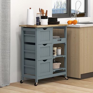 HOMCOM Rolling Kitchen Island Cart Bar Serving Cart Compact Trolley on Wheels with Wood Top Shelves and Drawers for Home Dining Area Grey