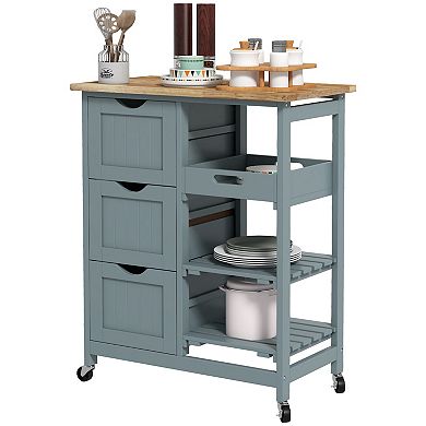 HOMCOM Rolling Kitchen Island Cart Bar Serving Cart Compact Trolley on Wheels with Wood Top Shelves and Drawers for Home Dining Area Grey