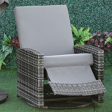 Outsunny Patio PE Rattan Wicker Recliner Chair with 360 degree Swivel Soft Cushion Lounge Chair for Patio Garden Backyard Light Blue