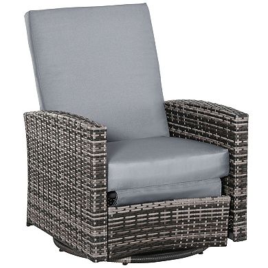 Outsunny Patio PE Rattan Wicker Recliner Chair with 360° Swivel, Soft Cushion, Lounge Chair for Patio, Garden, Backyard, Blue