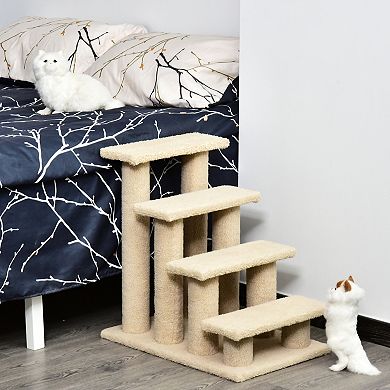 PawHut 25" 4 Step Multi Level Carpeted Cat Scratching Post Pet Stairs Light Brown