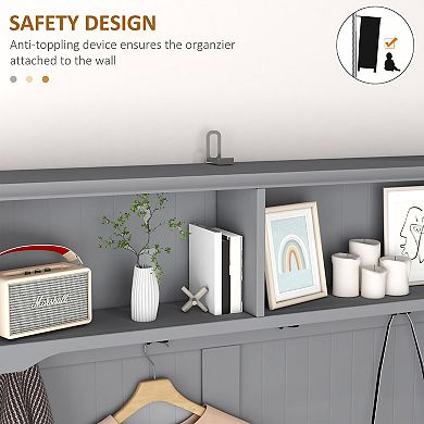HOMCOM Coat Rack and Bench Hall Tree Organizer with 4 Hooks 2 Drawers with Padded Seat Cushions for Entryway White