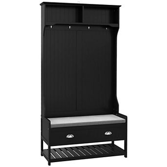 HOMCOM Coat Rack and Bench Hall Tree Organizer with 4 Hooks 2 Drawers with Padded Seat Cushions for Entryway White