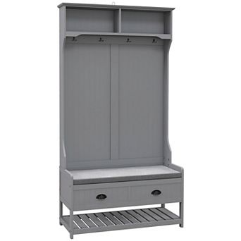 HOMCOM Coat Rack and Bench Hall Tree Organizer with 4 Hooks 2 Drawers with Padded Seat Cushions for Entryway White