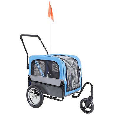 Aosom Elite Jr Dog Bike Trailer 2 In 1 Pet Stroller Cart Bicycle Wagon Cargo Carrier Attachment for Travel with 360 Degree Swivel Wheels and Large Easy Entry Blue