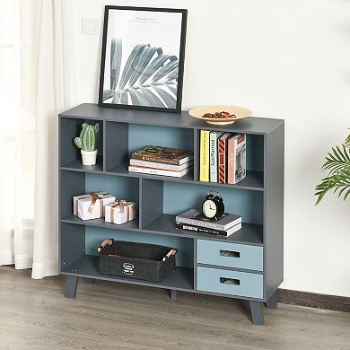 HOMCOM 3 Tier Child Bookcase Open Shelves Cabinet Floor Standing Cube Storage Organizer with Drawers Grey