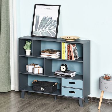 HOMCOM 3 Tier Child Bookcase Open Shelves Cabinet Floor Standing Cube Storage Organizer with Drawers Grey