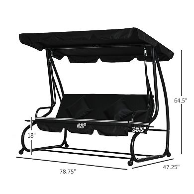 Outsunny 3 Seat Outdoor Free Standing Covered Swing Bench with Comfortable Cushioned Fabric and Included Canopy Black